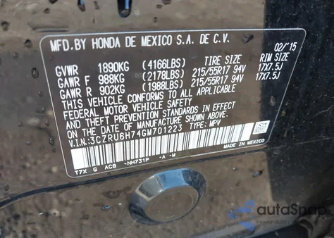 2016 Honda Hr-V Ex-L from USA, damaged, VIN 3CZRU6H74GM701223